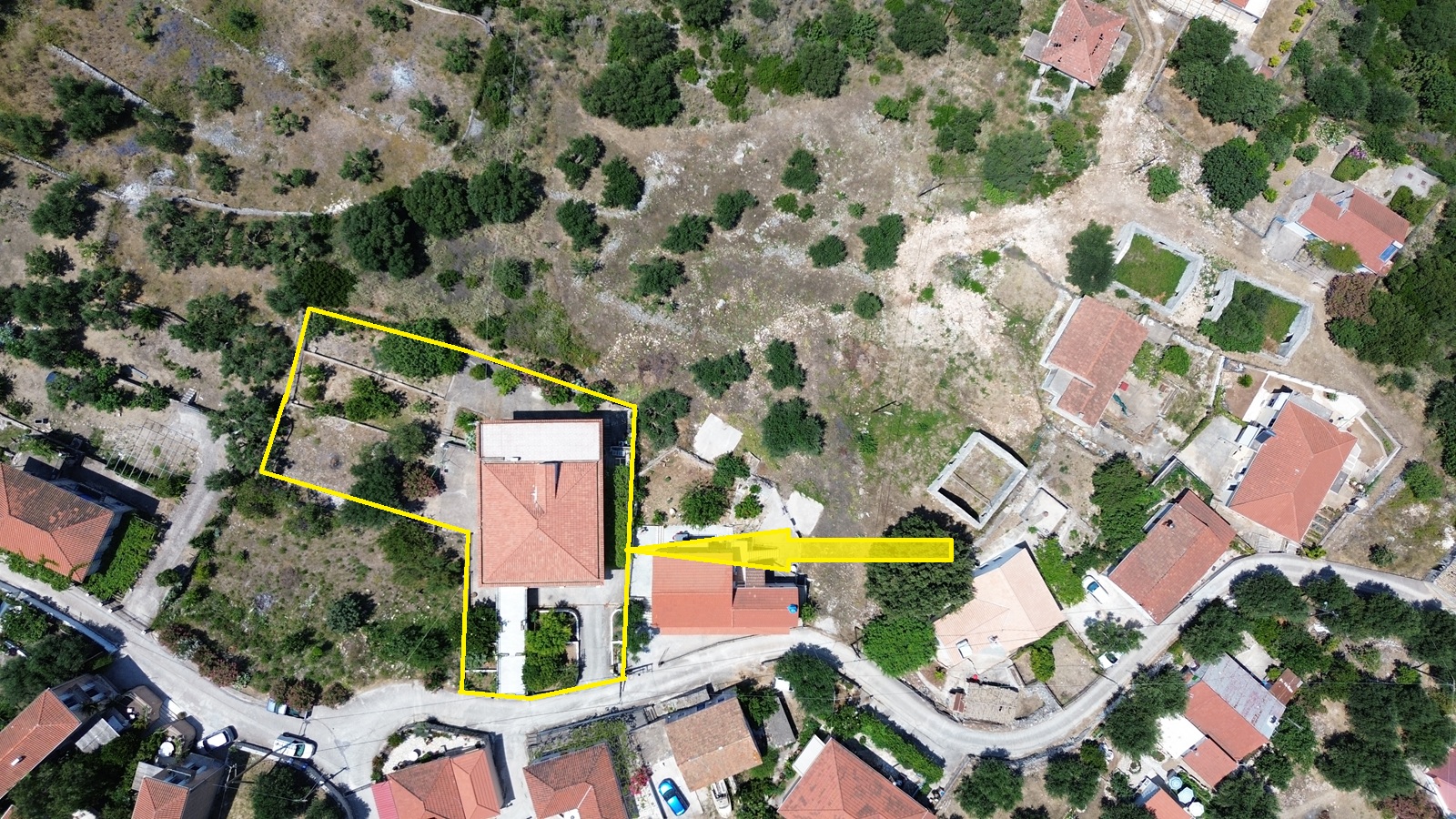 Aerial view and outlined border of house for sale in Ithaca Greece, Ag. Saranda