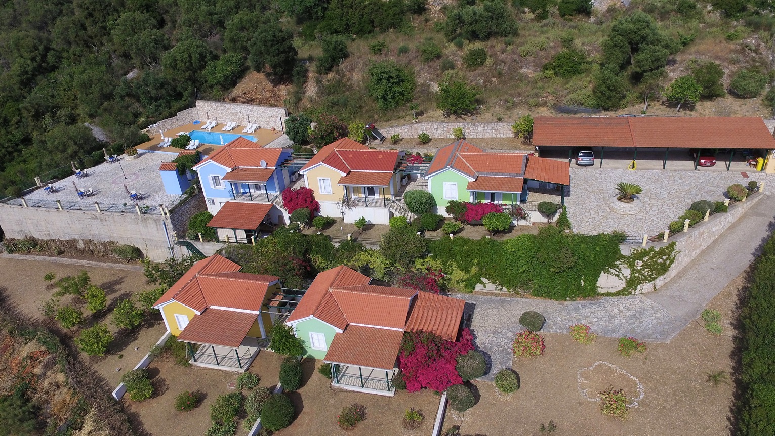Aerial view of cottages for sale in Ithaca Greece, Stavros