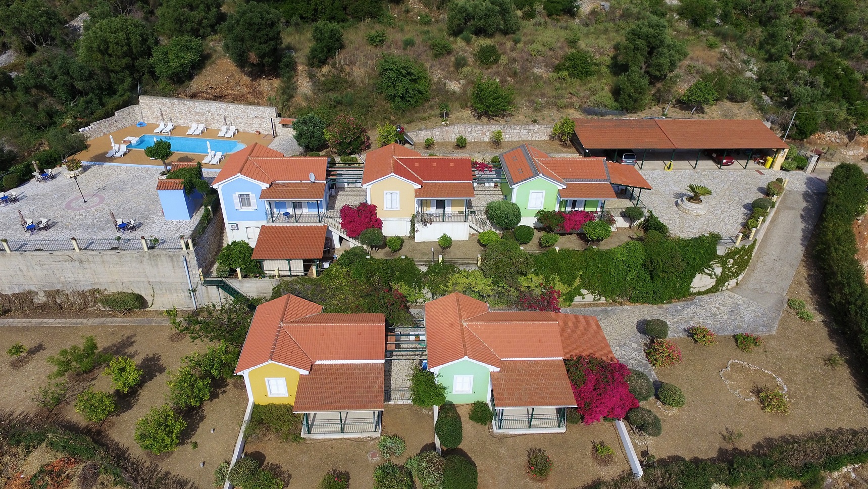 Aerial view of cottages for sale in Ithaca Greece, Stavros