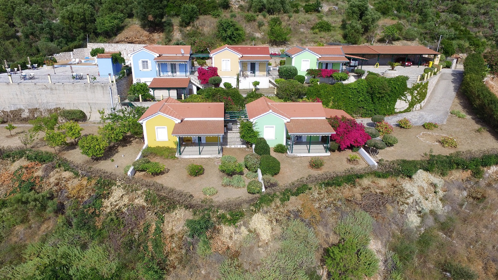 Aerial view of cottages for sale in Ithaca Greece, Stavros