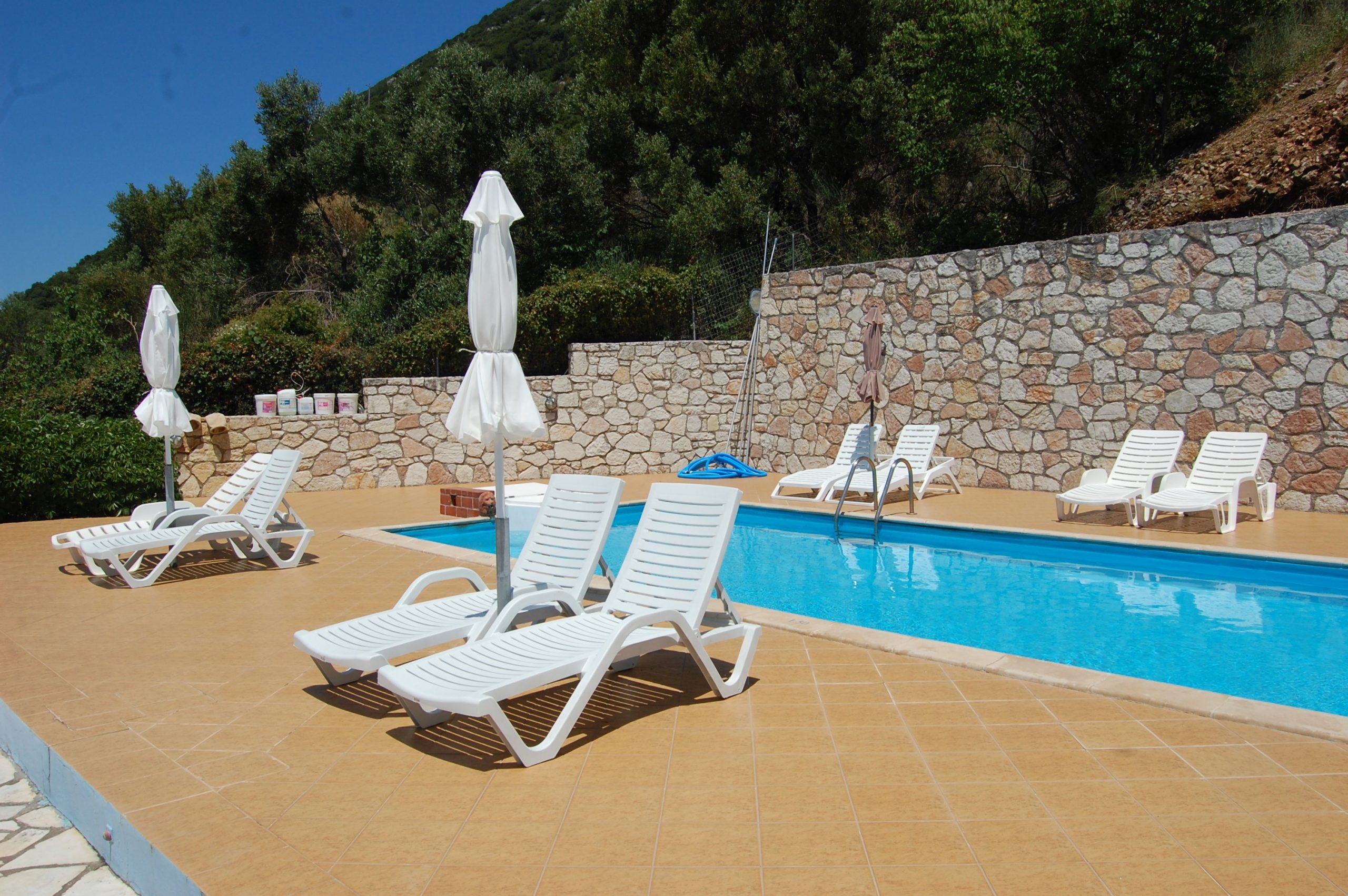 Pool area of cottages for sale in Ithaca Greece, Stavros