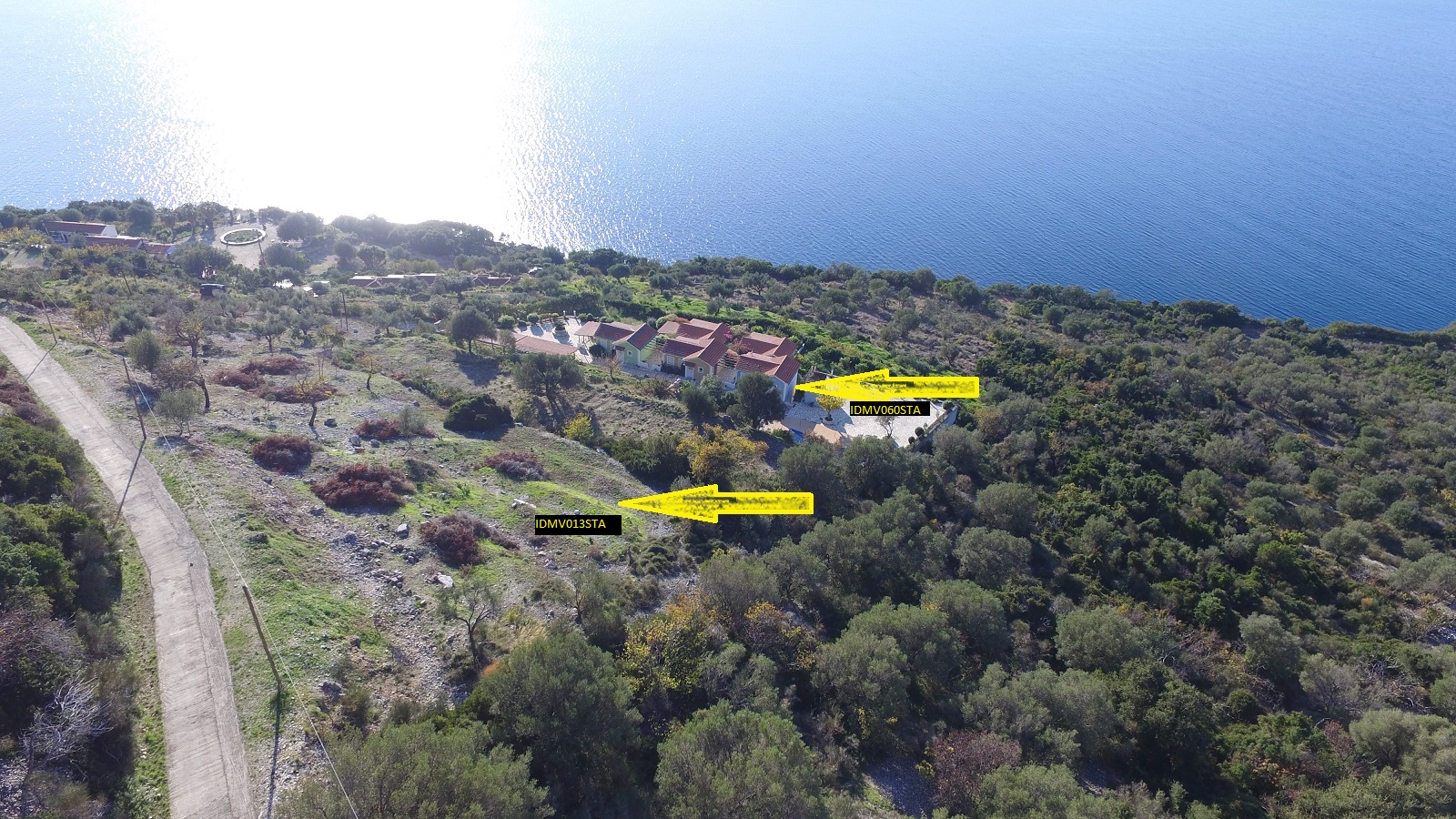 Aerial view and location of two adjacent properties for sale in Ithaca Greece, Stavros