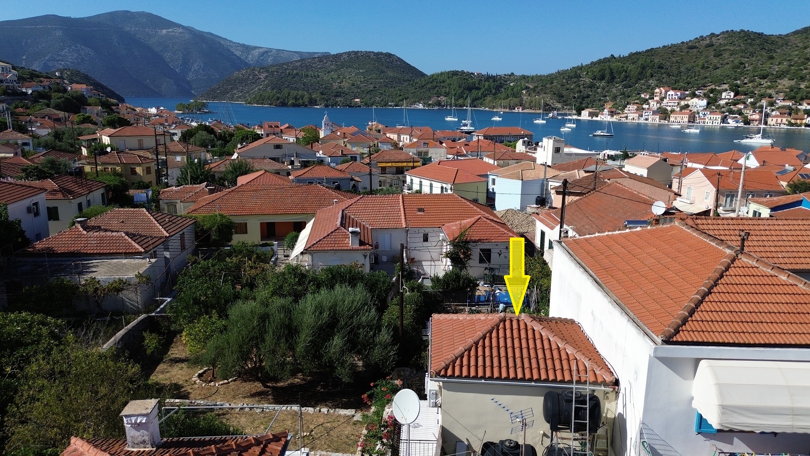 Aerial view of house for sale in Ithaca Greece, Vathi
