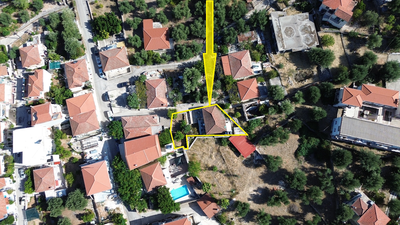 Aerial view and outlined border of house for sale in Ithaca Greece, Vathi