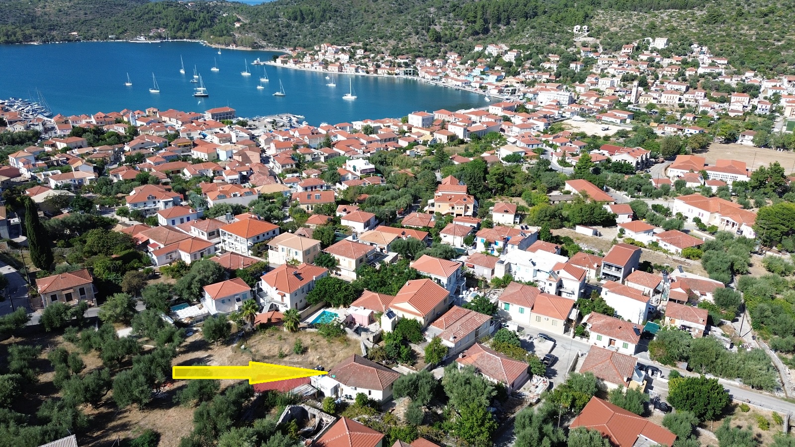 Aerial view and location of house for sale in Ithaca Greece, Vathi