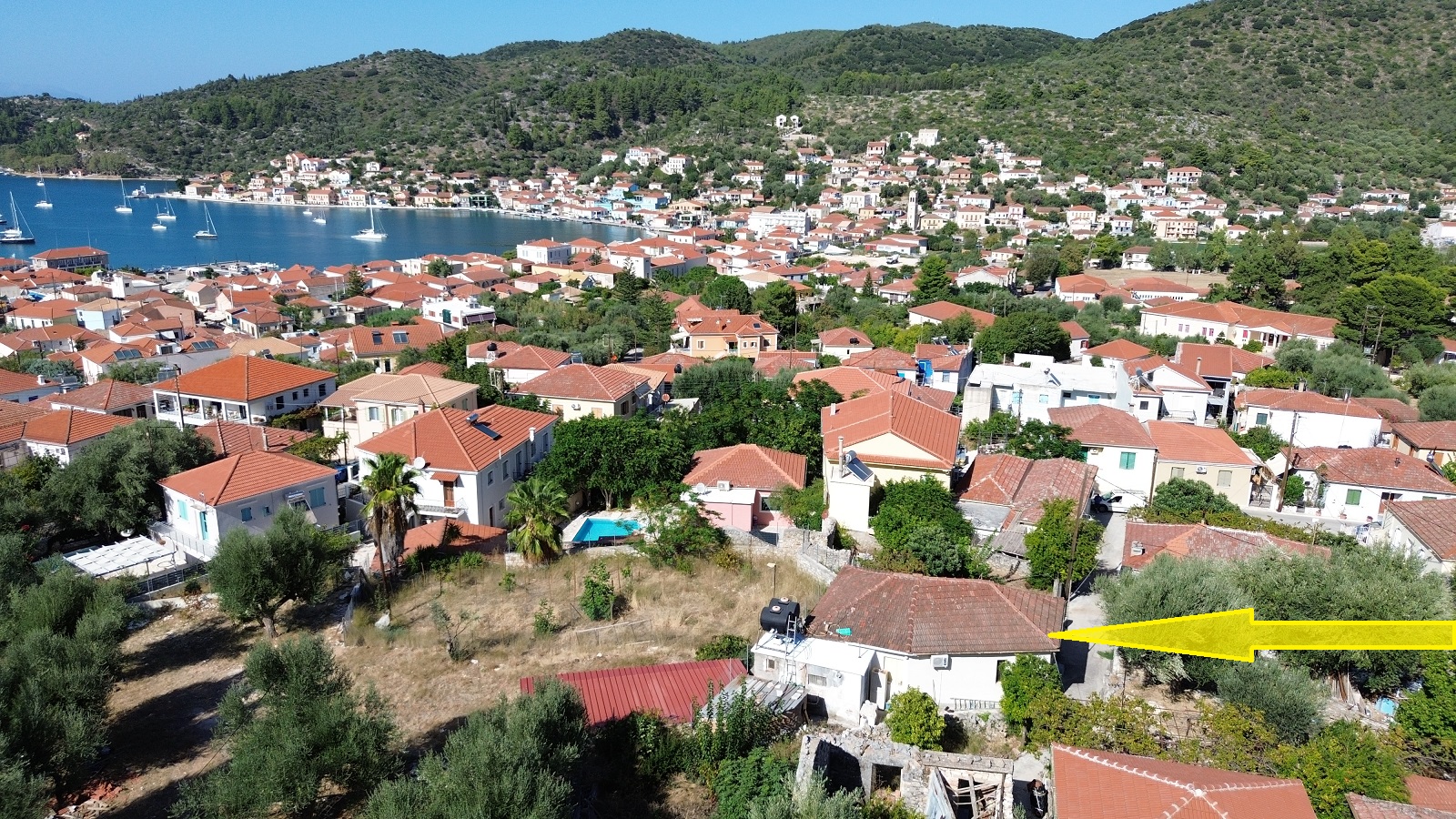 Aerial view and location of house for sale in Ithaca Greece, Vathi