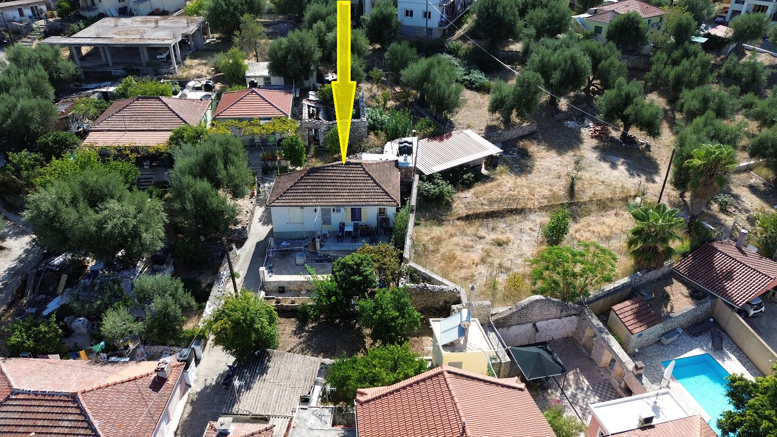 Aerial view of house for sale in Ithaca Greece, Vathi