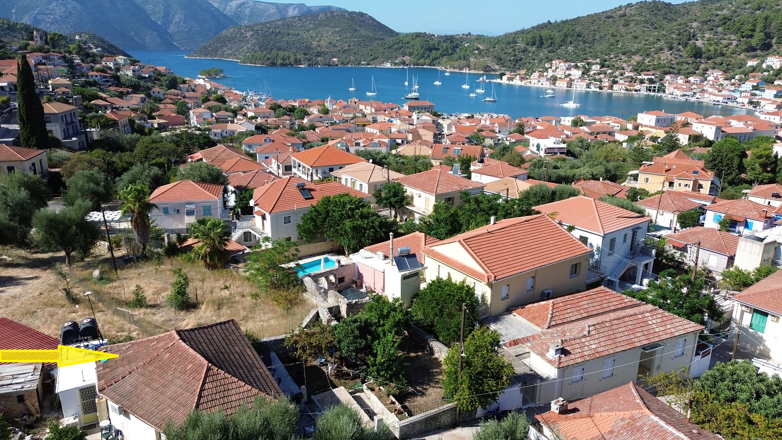 Aerial view and location of house for sale in Ithaca Greece, Vathi