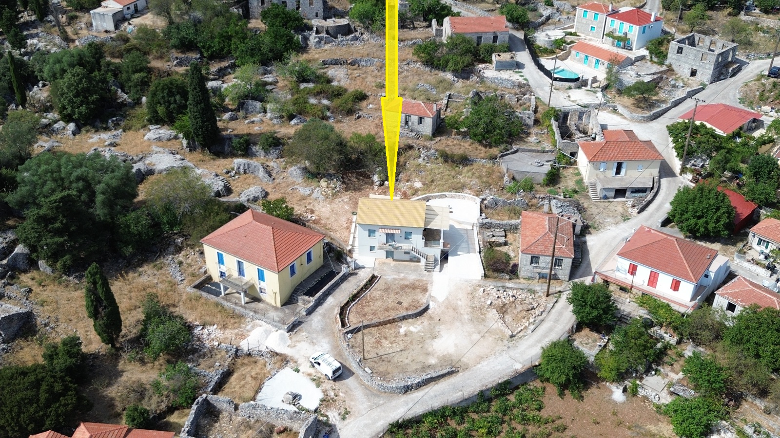 Aerial view and location of house for sale in Ithaca Greece, Anoghi