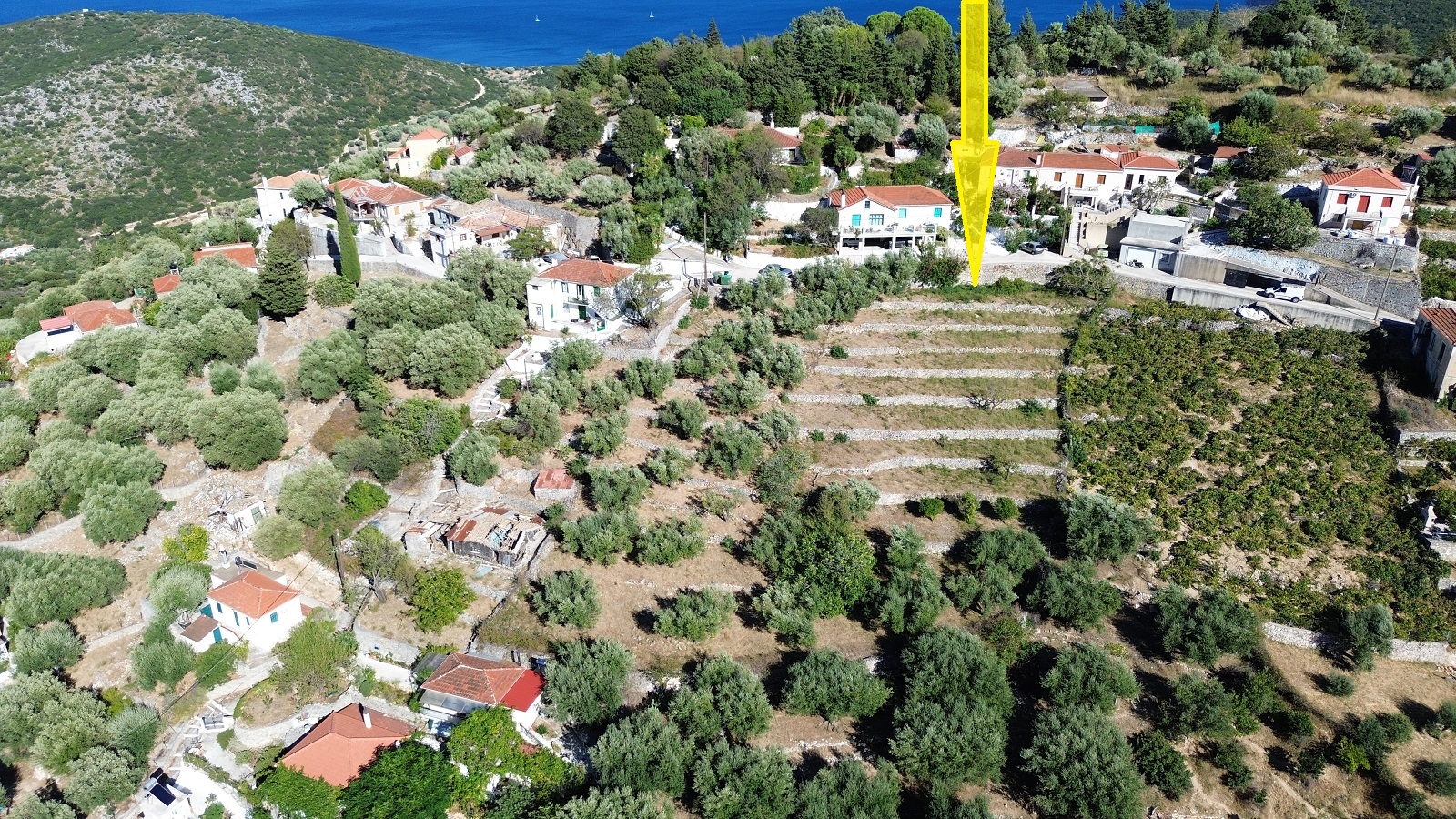 Aerial view and location of land for sale in Ithaca Greece, Perachori