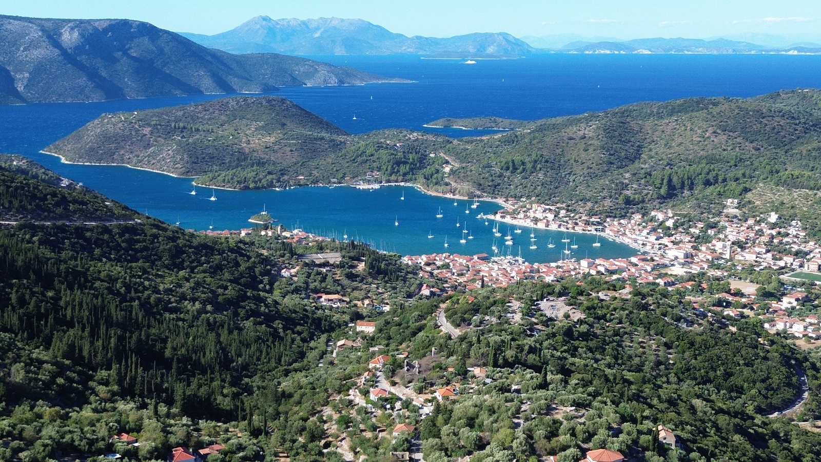 Aerial views of larger area with land for sale in Ithaca Greece, Perachori