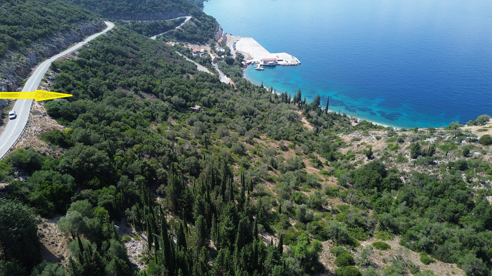 Aerial view and location of land for sale in Ithaca Greece, Piso Aetos