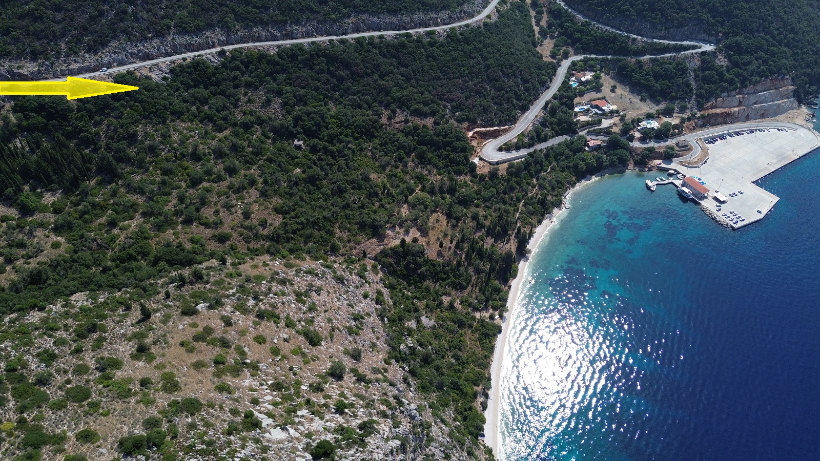 Aerial view and location of land for sale in Ithaca Greece, Piso Aetos