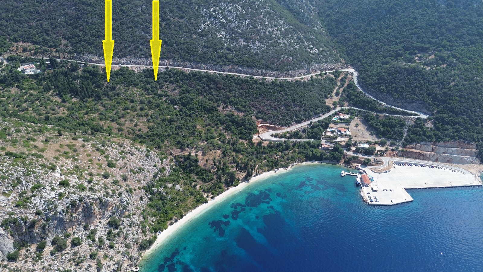 Aerial view and location of land for sale in Ithaca Greece, Piso Aetos