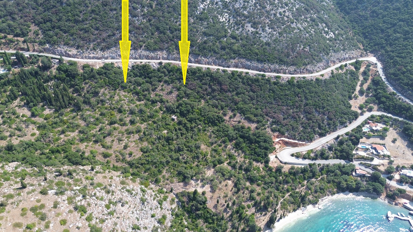 Aerial view and location of land for sale in Ithaca Greece, Piso Aetos