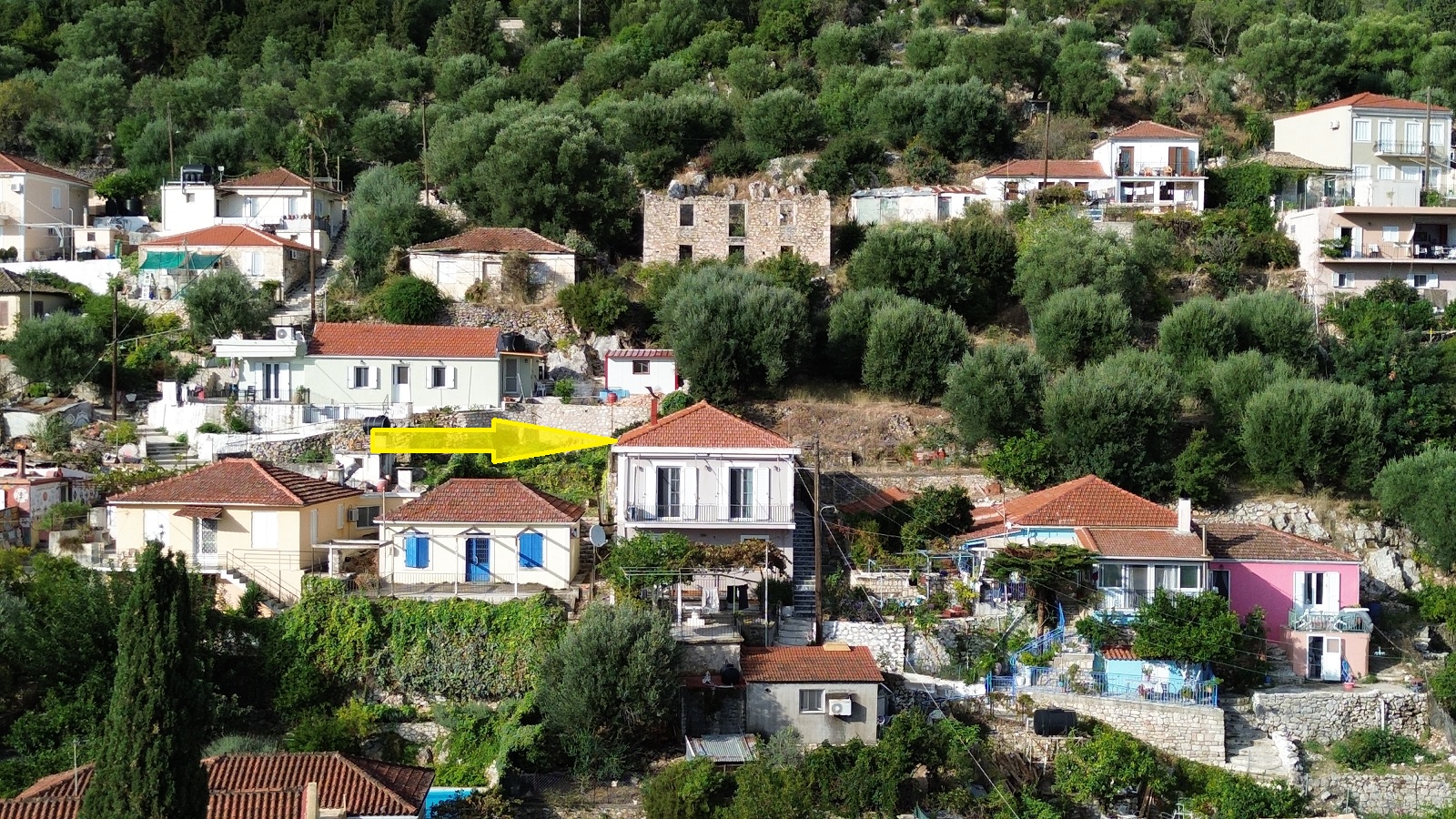 Aerial view of house for sale in Ithaca Greece, Vathi