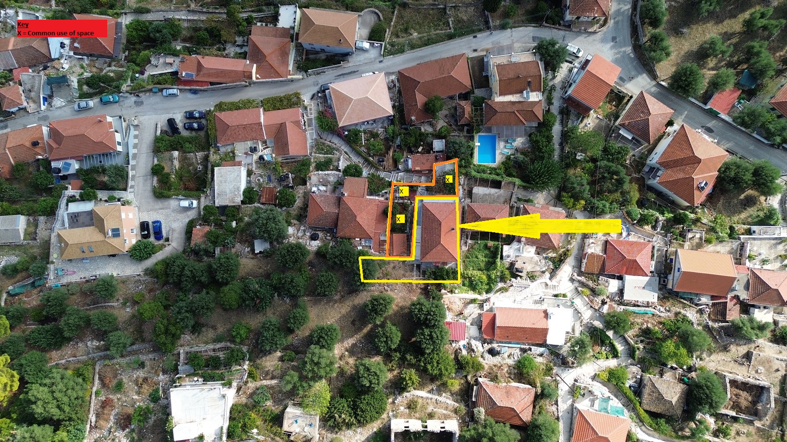 Aerial view with outlined border of house for sale in Ithaca Greece, Vathi