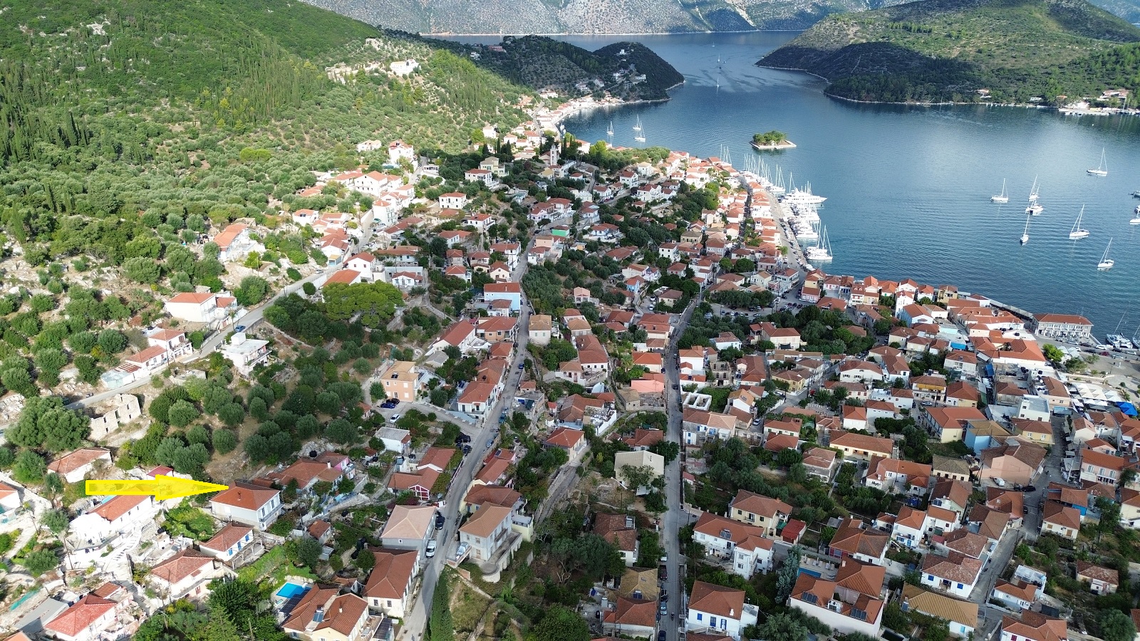 Aerial view and location of house for sale in Ithaca Greece, Vathi
