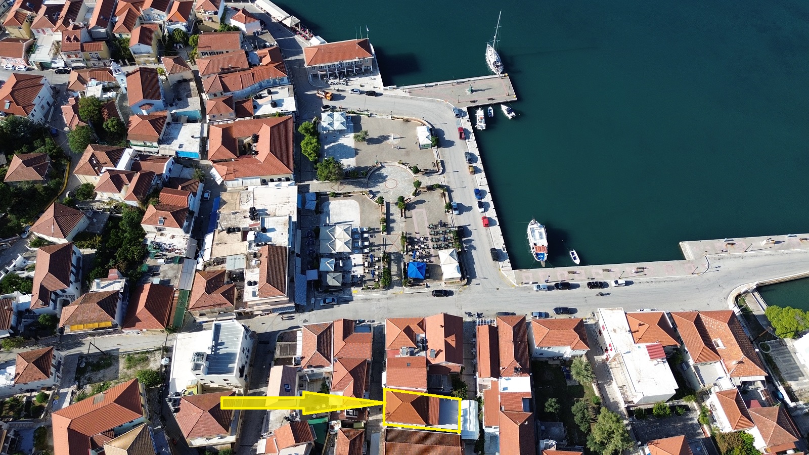 Aerial view with outlined border of house for sale in Ithaca Greece, Vathi