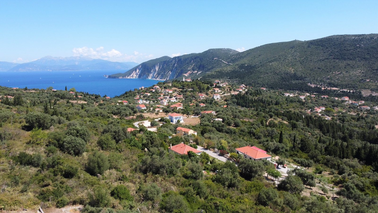 Aerial view of the larger area with house for sale in Ithaca Greece, Platrithyas