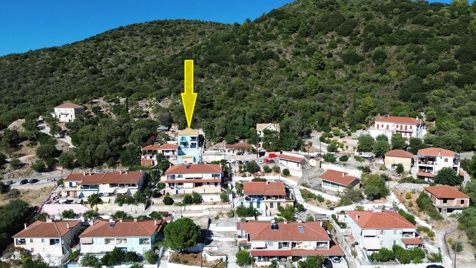 Aerial view and location of house for sale in Ithaca Greece, Vathi