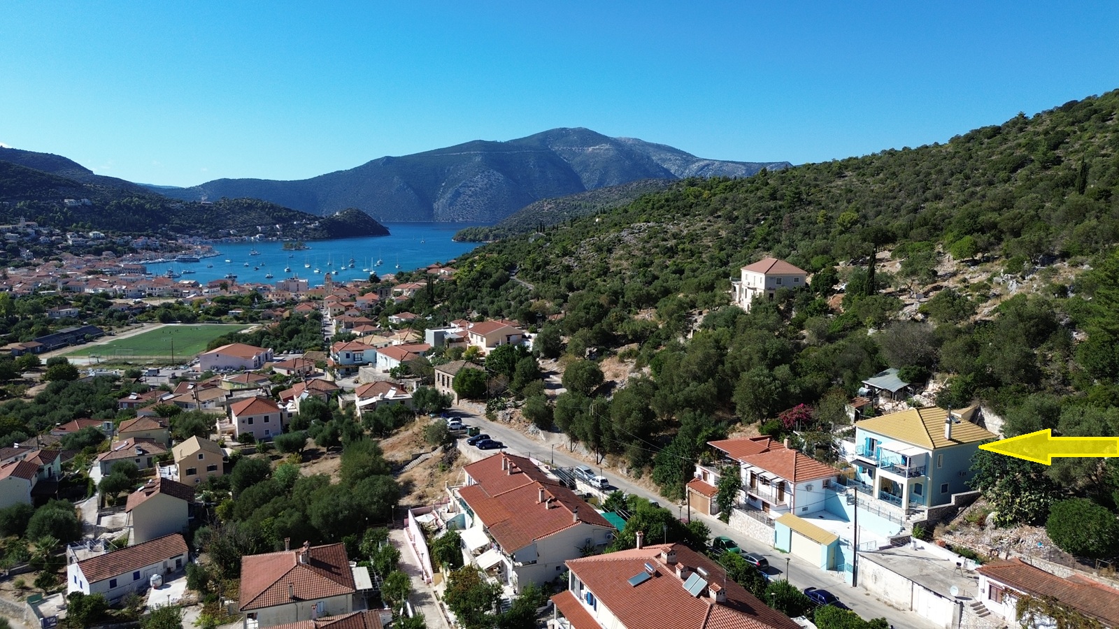 Aerial view and location of house for sale in Ithaca Greece, Vathi