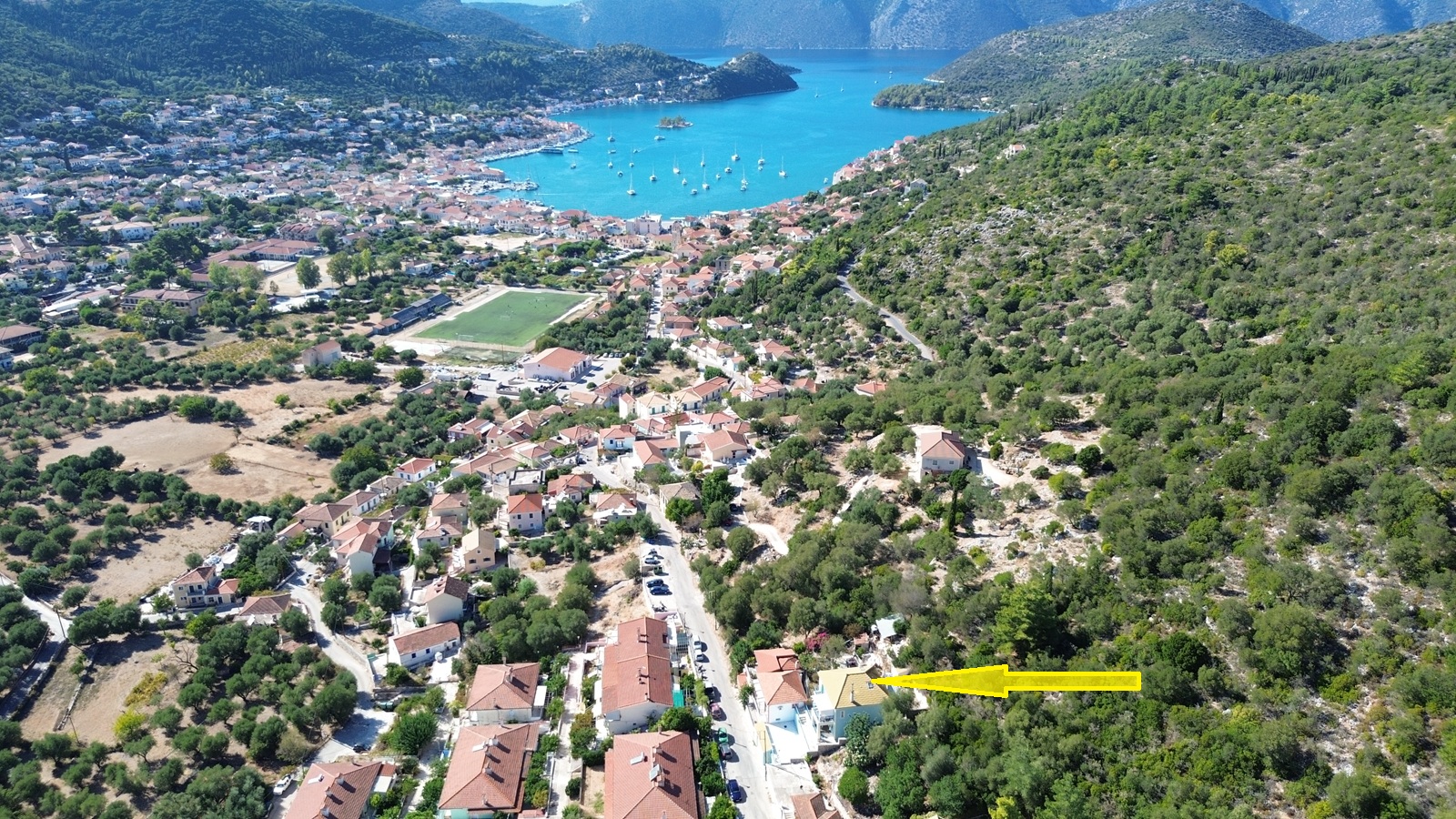 Aerial view and location of house for sale in Ithaca Greece, Vathi