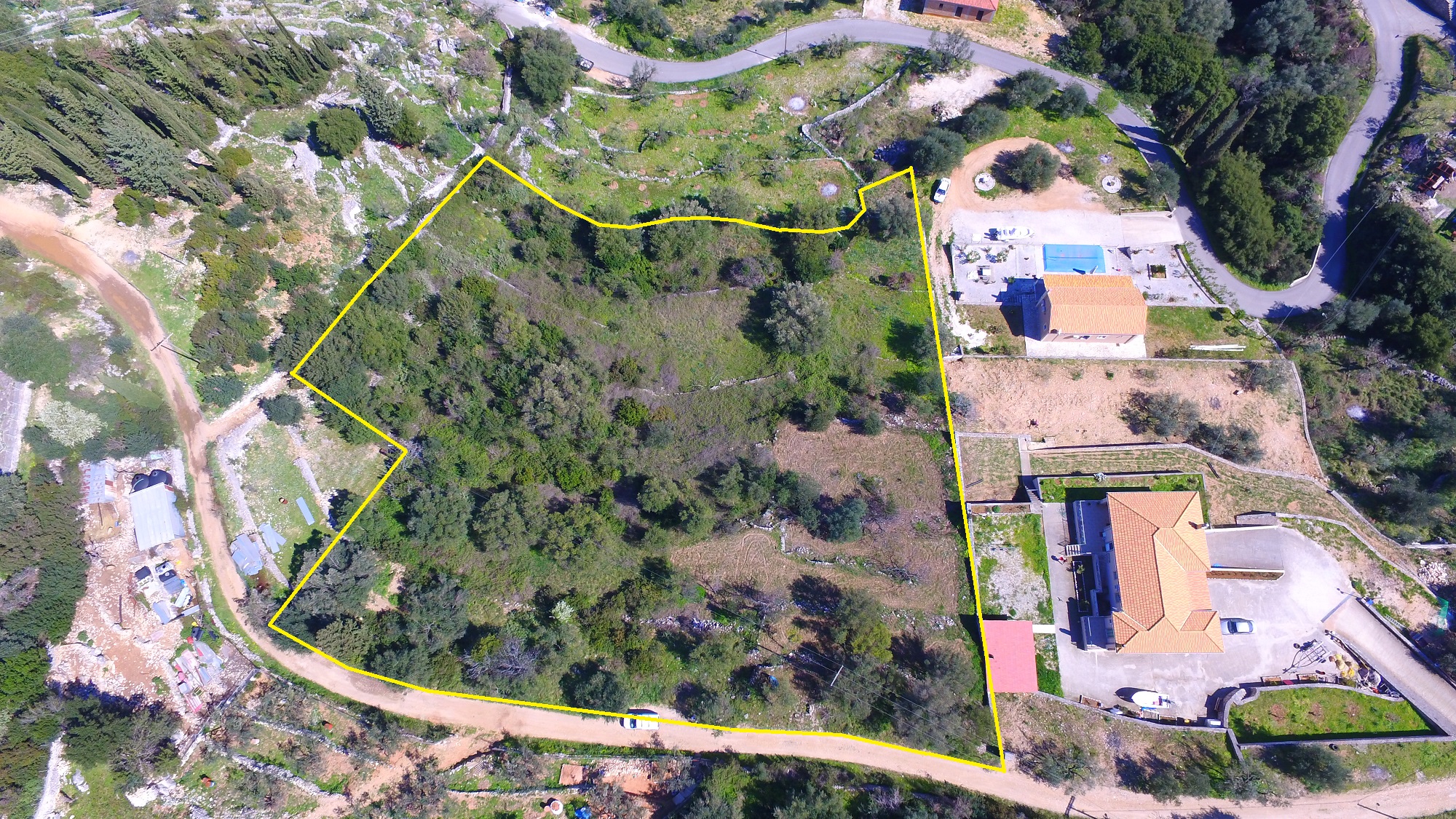 Aerial view with outlined border of land for sale in Ithaca Greece, Vathi