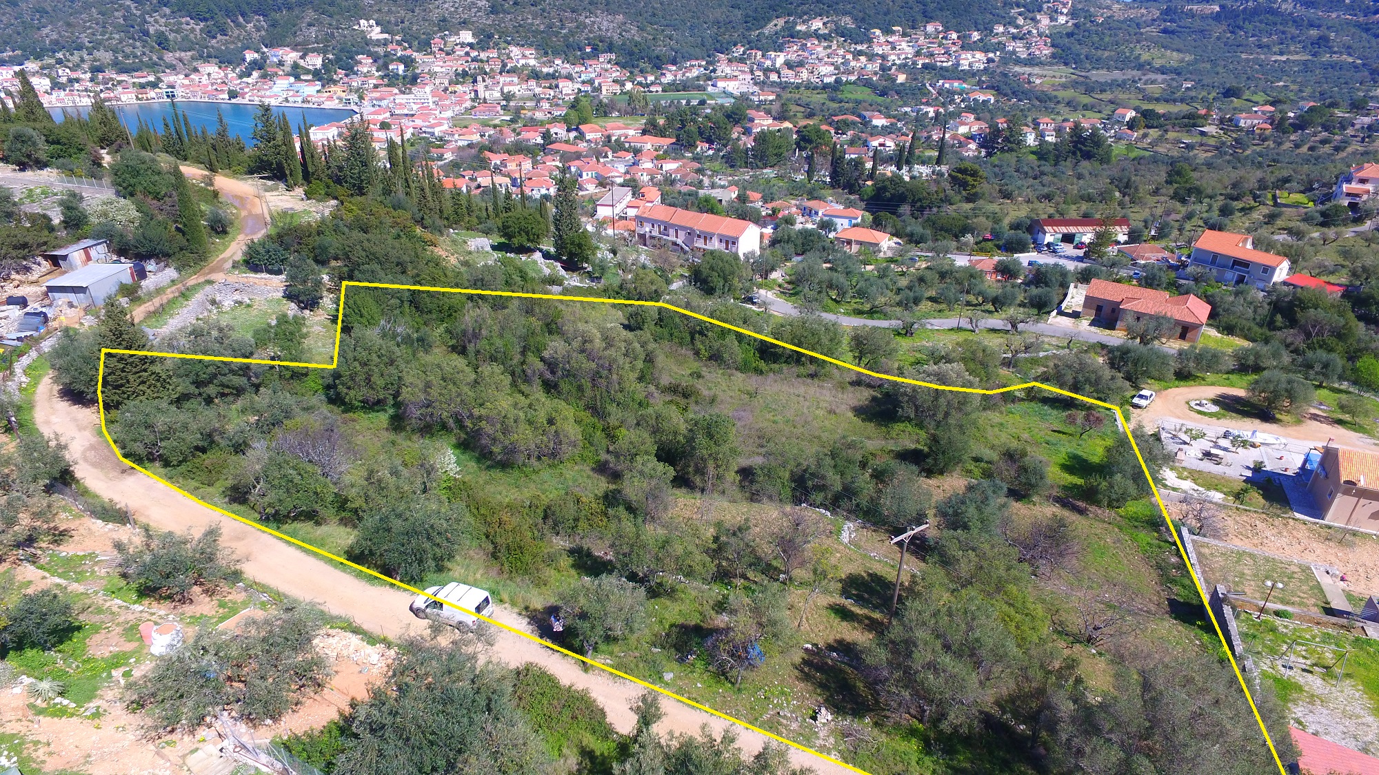 Aerial view with outlined border of land for sale in Ithaca Greece, Vathi