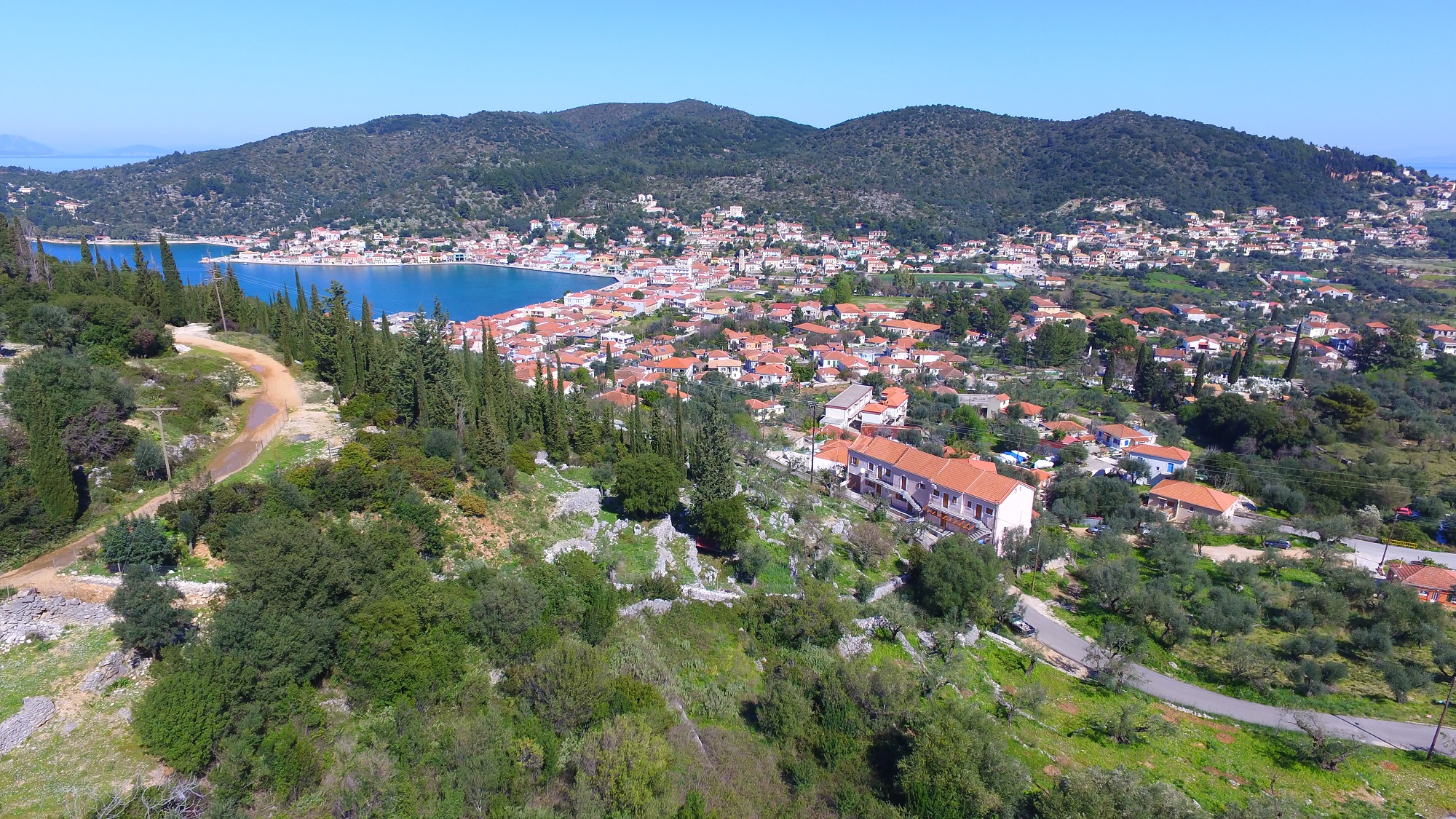 Aerial view of land for sale in Ithaca Greece, Vathi
