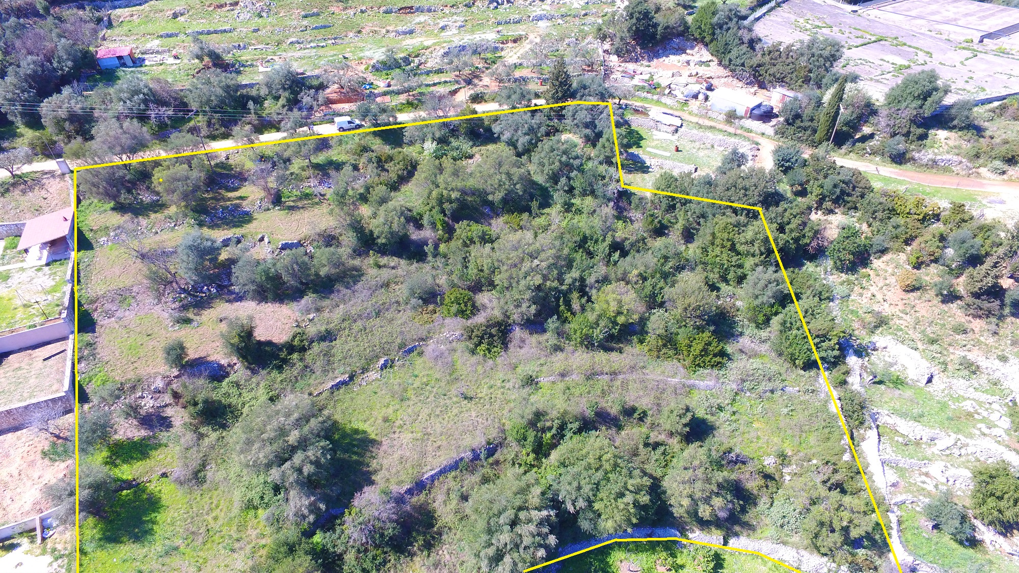 Aerial view with outlined border of land for sale in Ithaca Greece, Vathi