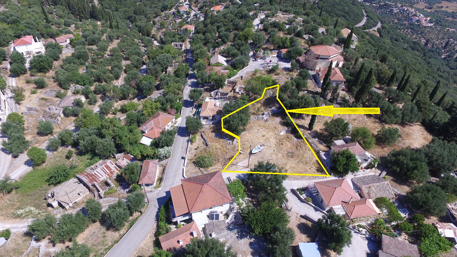 Aerial view and outlined border of land for sale in Ithaca Greece, Perachori