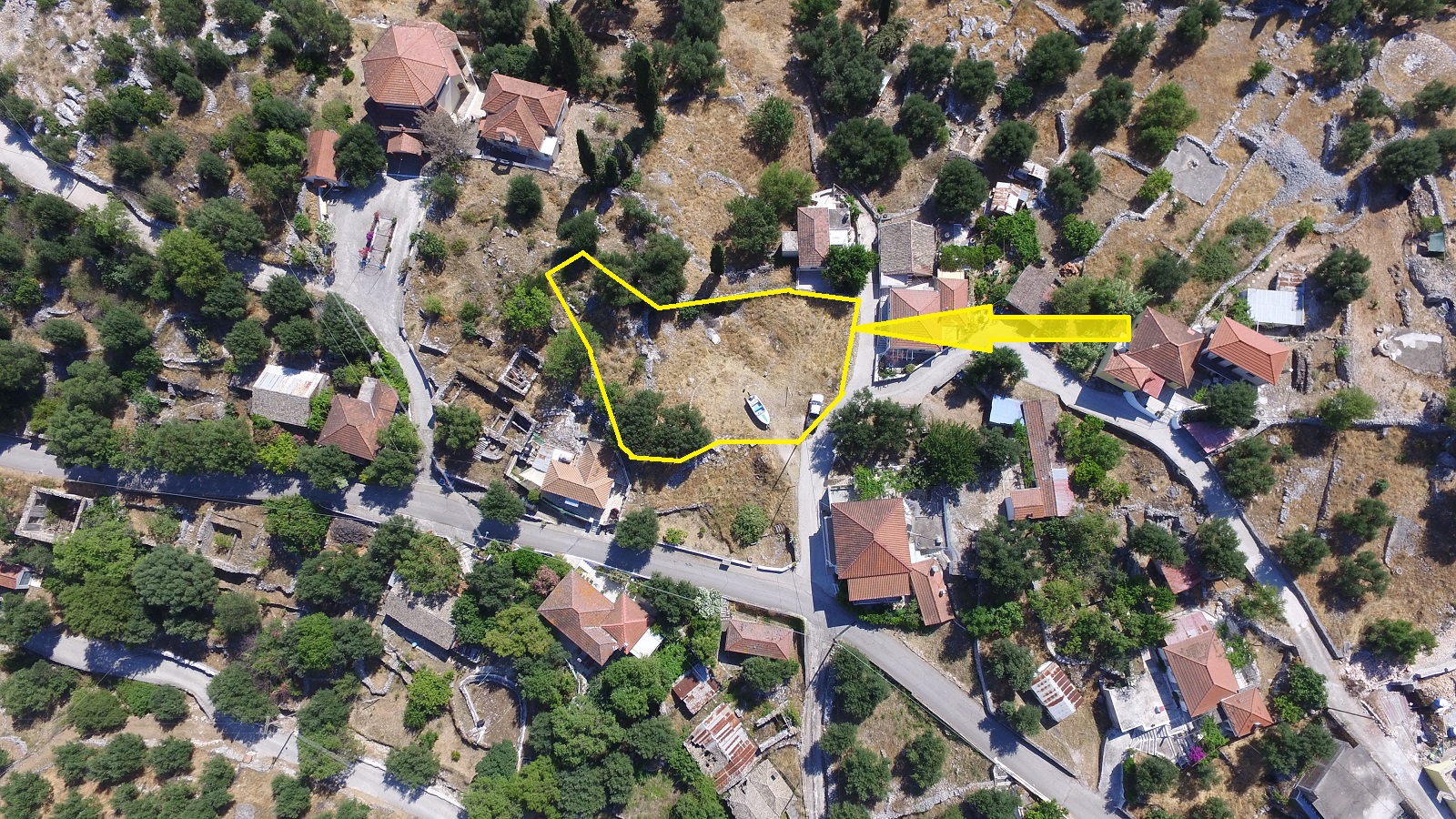 Aerial view and outlined border of land for sale in Ithaca Greece, Perachori