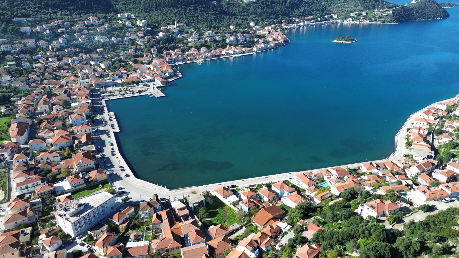 Aerial view with the larger area of house for sale in Ithaca Greece, Vathi