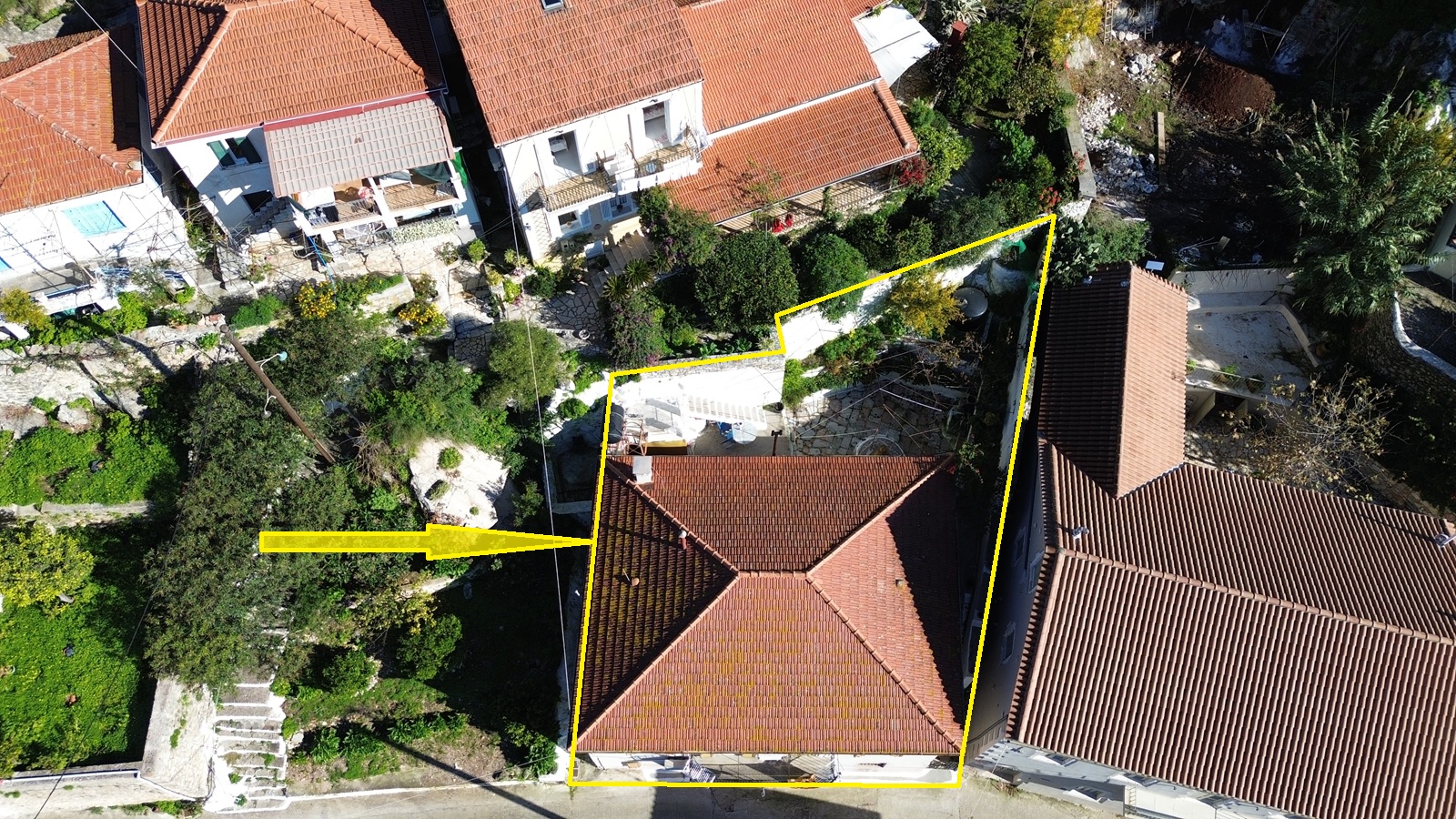 Aerial view with outlined border of house for sale in Ithaca Greece, Vathi