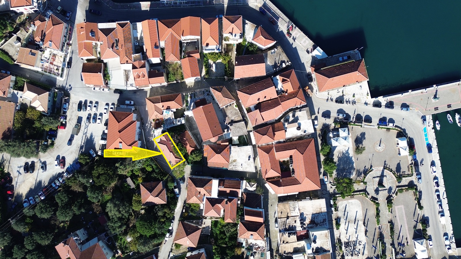 Aerial view with outlined border of house for sale in Ithaca Greece, Vathi