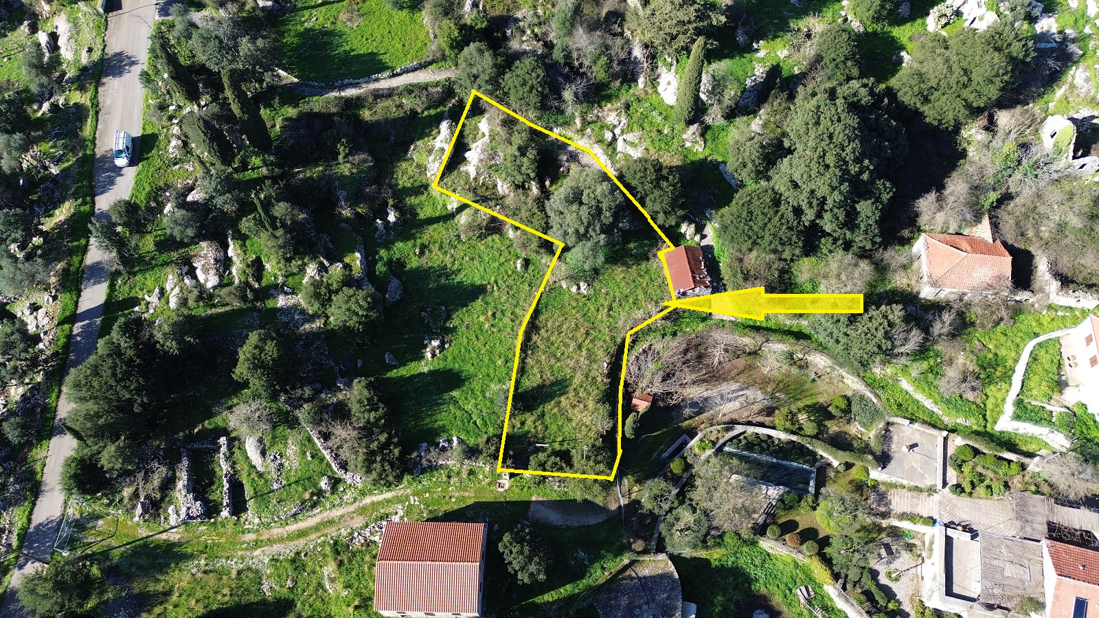 Aerial view with outlined border of Ithaca Greece, Anoghi