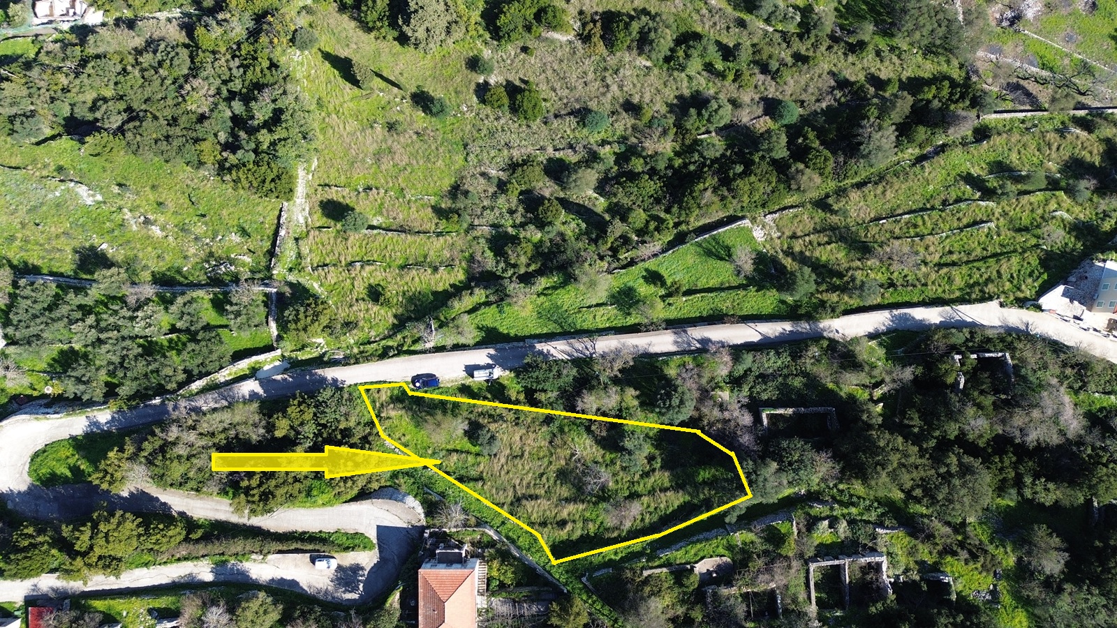 Aerial view with border outlined of land for sale in Ithaca Greece, Exoghi