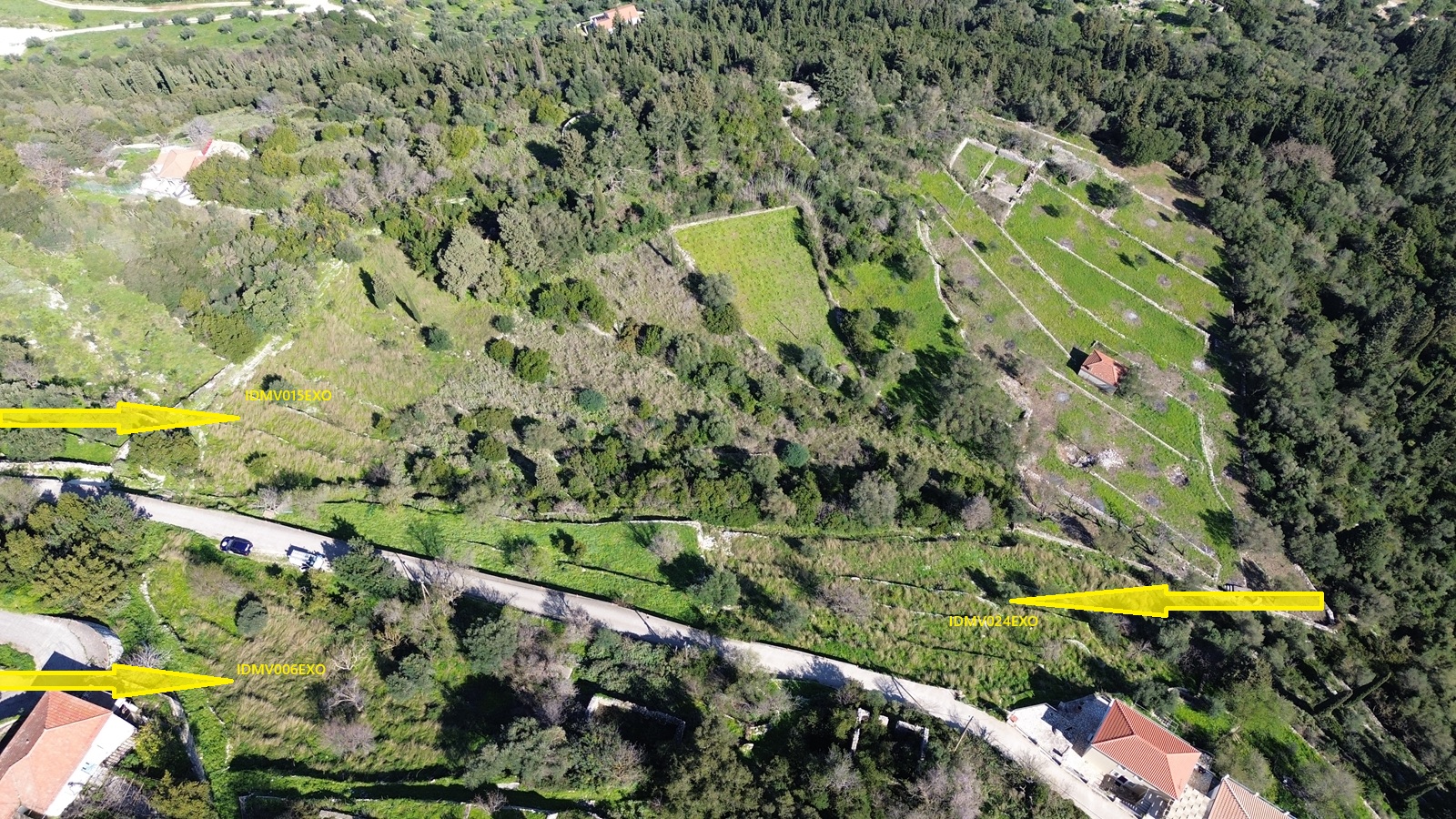 Aerial view and location of three adjacent plots for sale in Ithaca Greece, Exoghi