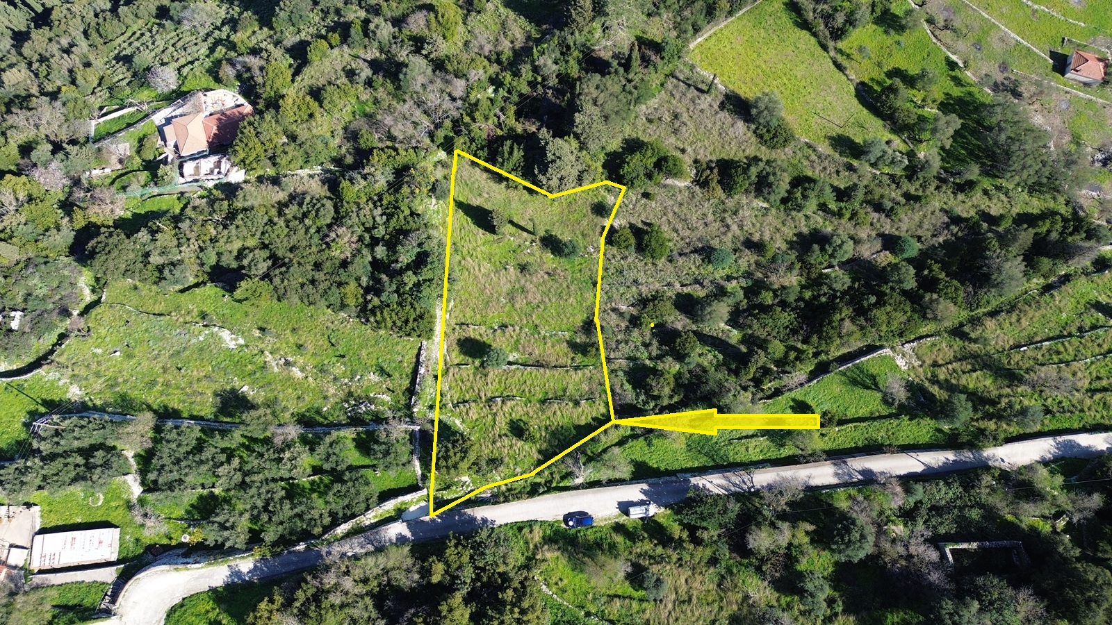 Aerial view with border outlined of land for sale in Ithaca Greece, Exoghi