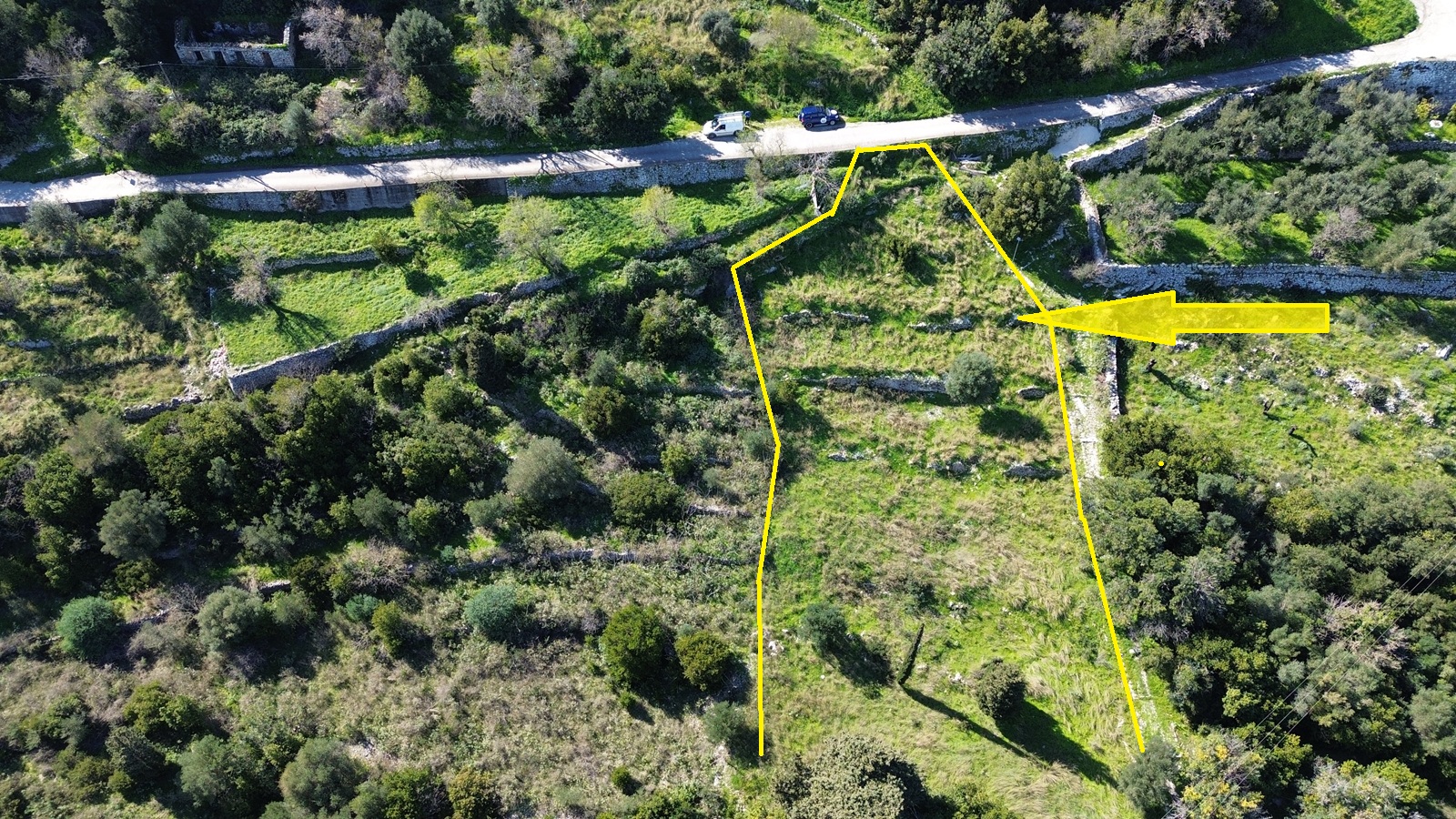 Aerial view with outlined border of plot for sale in Ithaca Greece, Exoghi