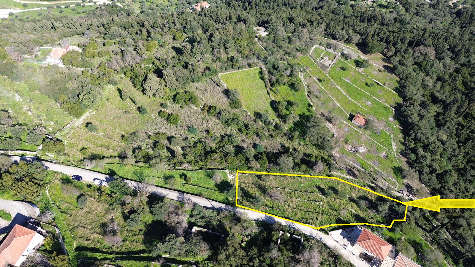 Aerial view with outlined border of land for sale in Ithaca Greece, Exoghi