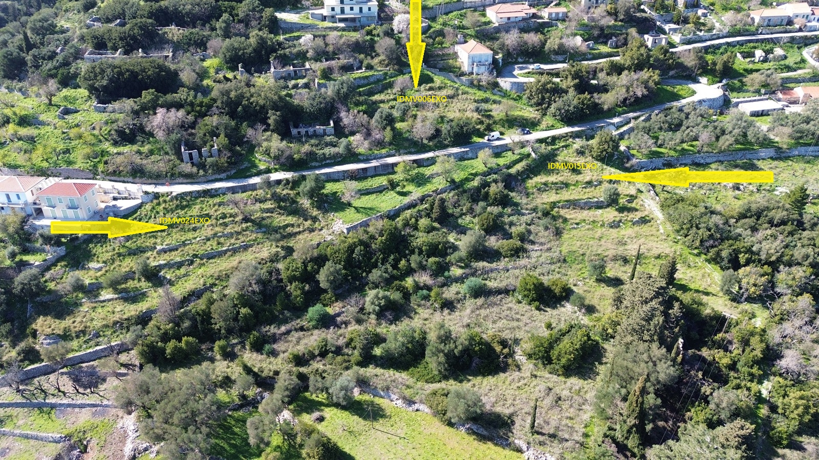 Aerial view of three plots for sale in Ithaca Greece, Exoghi