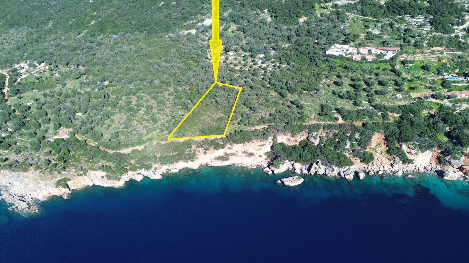 Aerial view with outlined border of land for sale in Ithaca Greece, Stavros