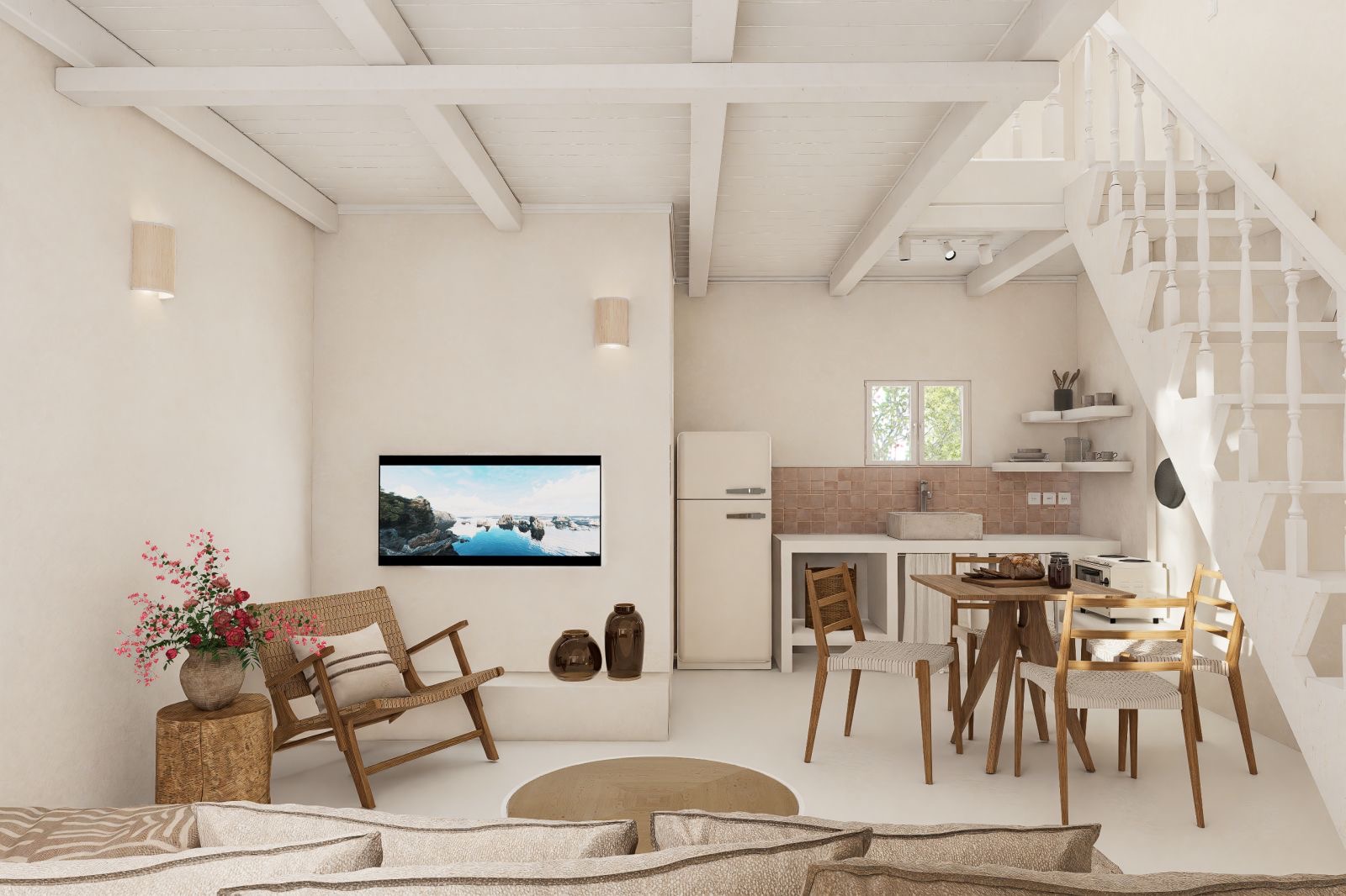 Living and kitchen area of studio for rent in Ithaca, Greece, Frikes
