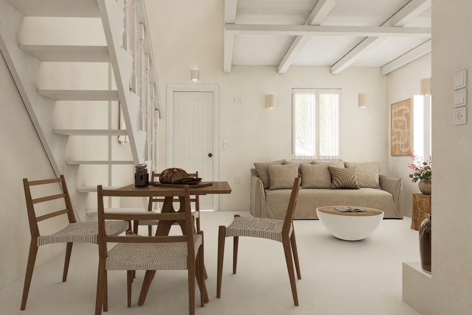 Dining and living area of studio for rent in Ithaca, Greece, Frikes