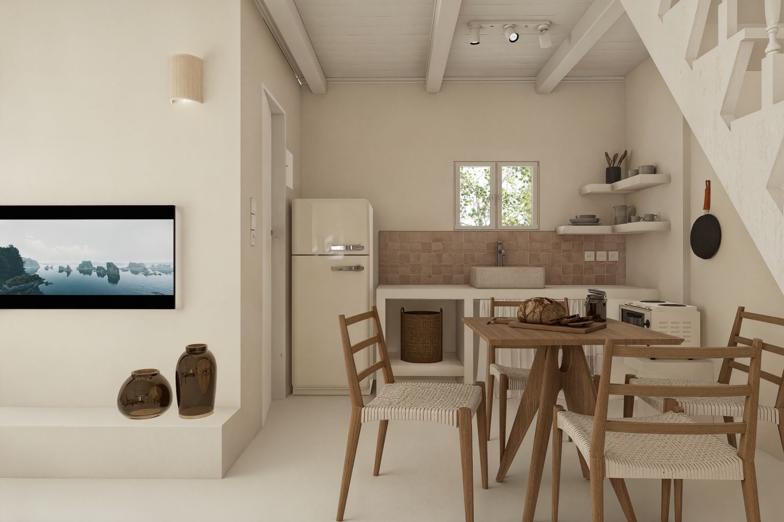 Kitchen area of studio for rent in Ithaca, Greece, Frikes