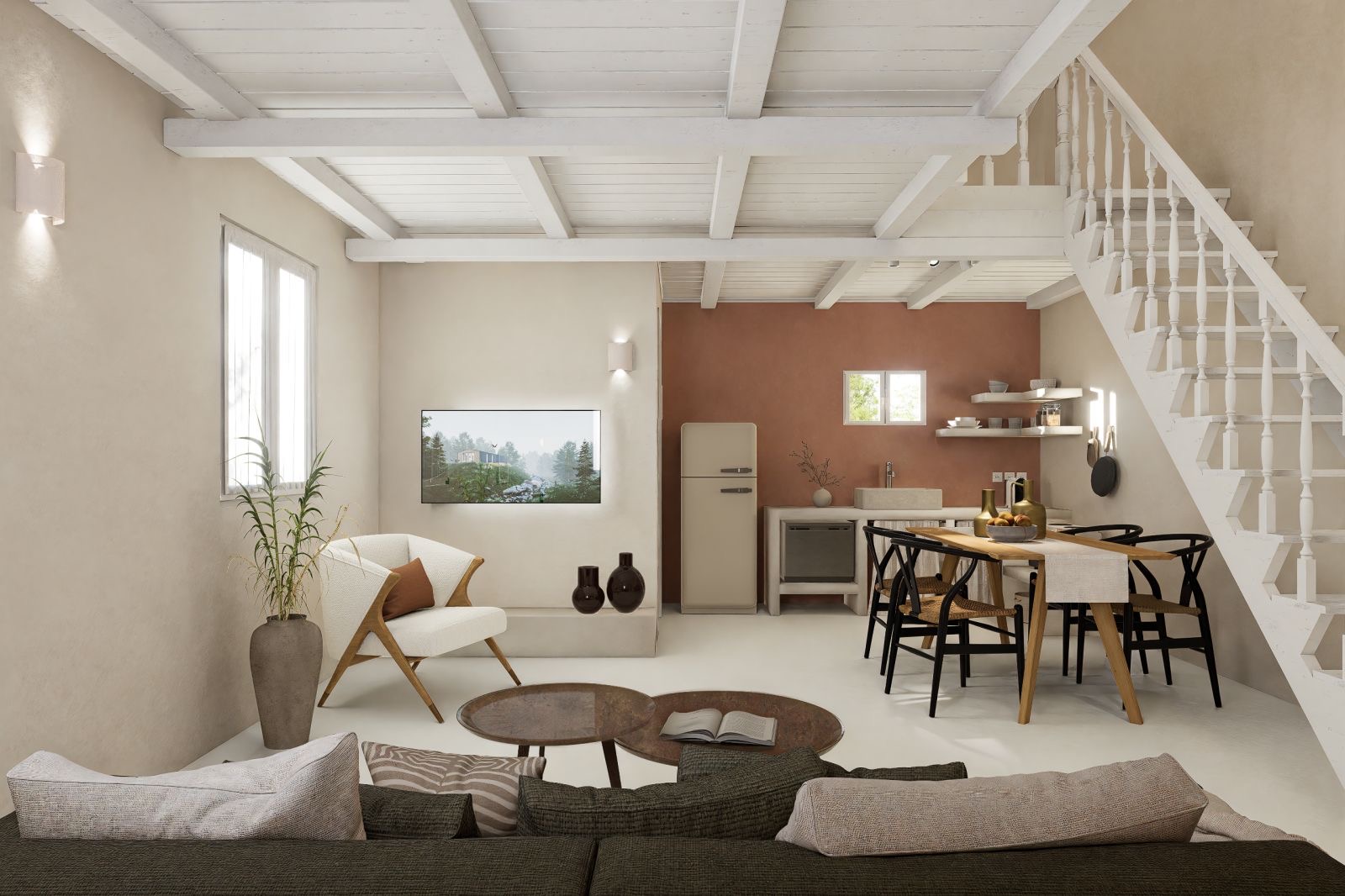 Living and kitchen area of studio for rent in Ithaca, Greece, Frikes