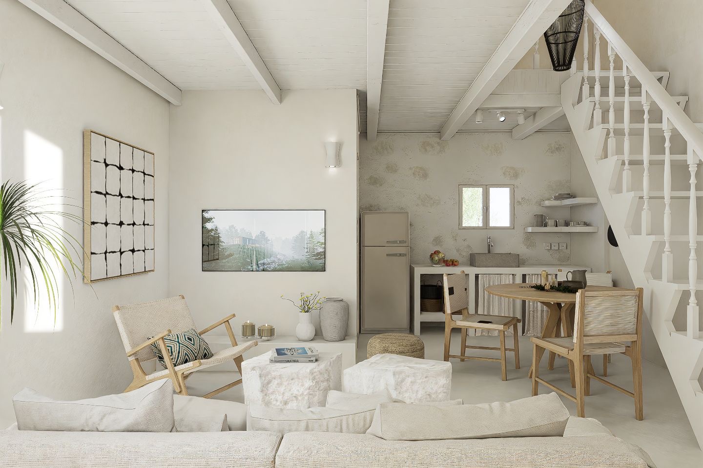 Dining and kitchen area of studio for rent in Ithaca, Greece, Frikes