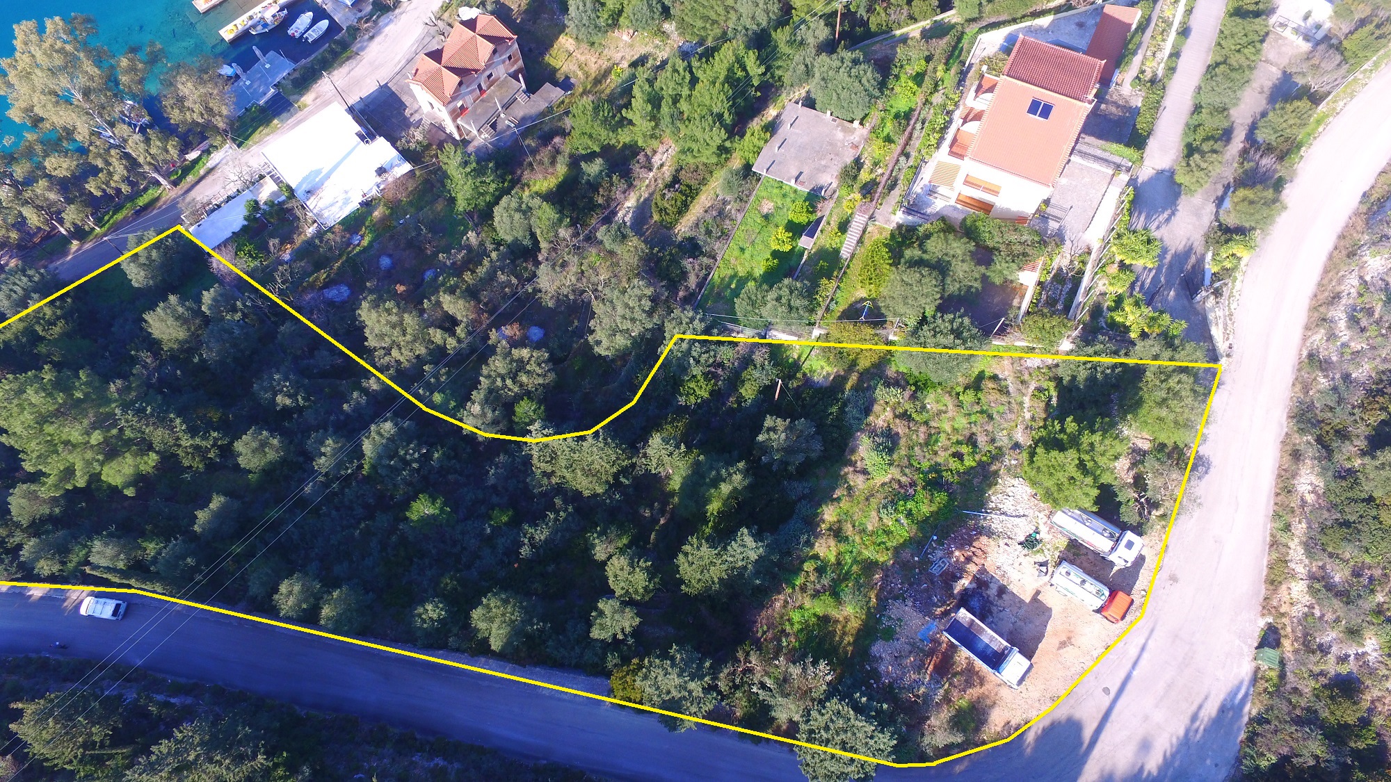 Aerial views with outlined border of land for sale in Ithaca Greece, Vathi